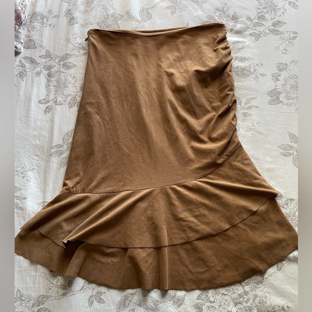 Bebe 90s Brown Faux Suede Ruched Side Midi Skirt Small Western Boho Festival Y2K
